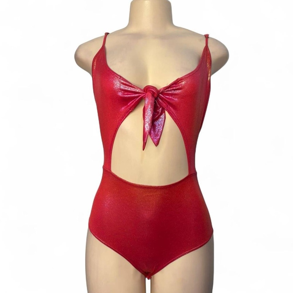 Rave Red Pink Shimmer Cut out Bodysuit Front Tie